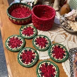Woven Round Red & Teal Decorative Storage Basket with Lid